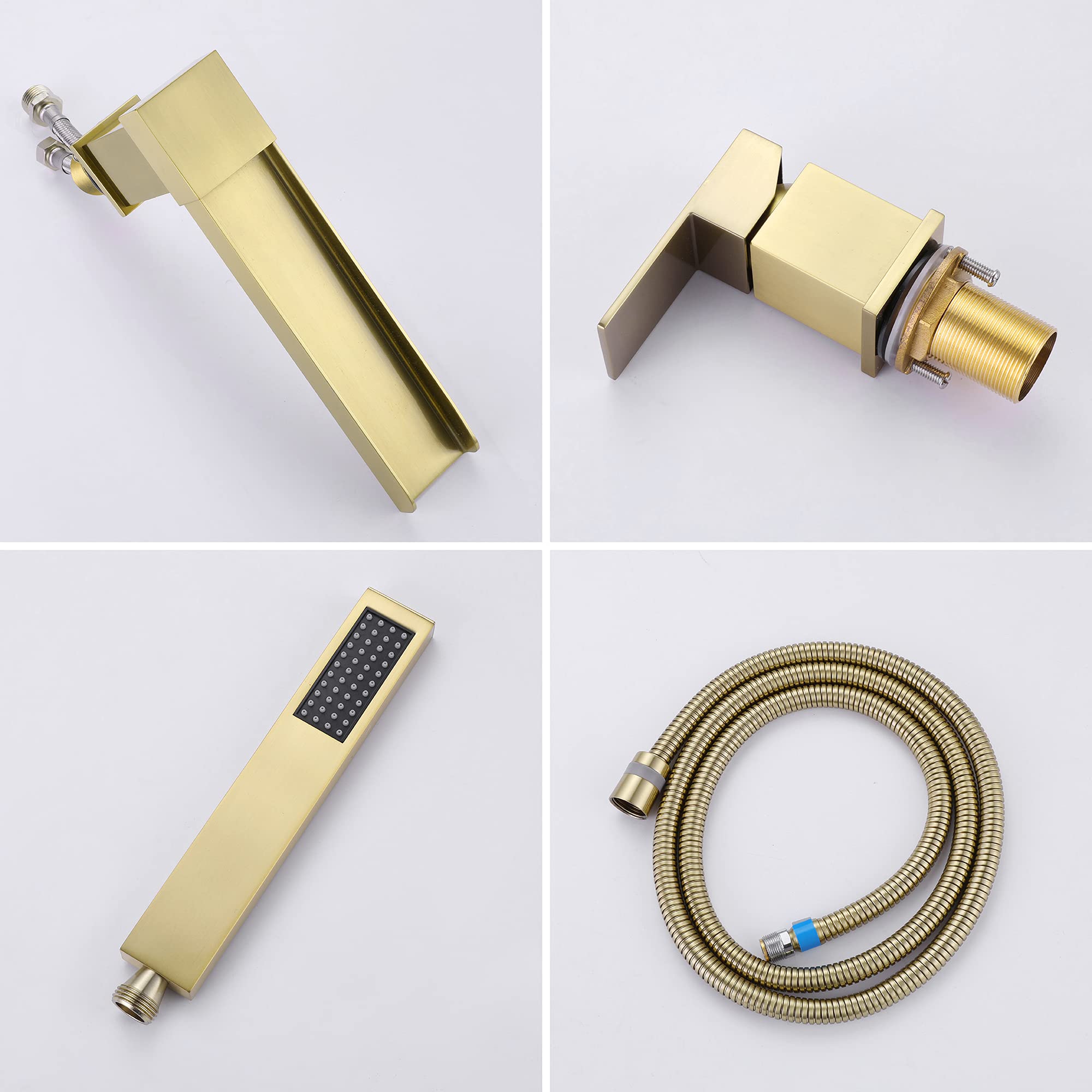 TapLong Waterfall Tub Filler Faucet with HandHeld Shower Widespread Roman Tub Faucet Set, Deck Mount 3-Holes Single-Handle Faucet in Brushed Gold, 03111BG