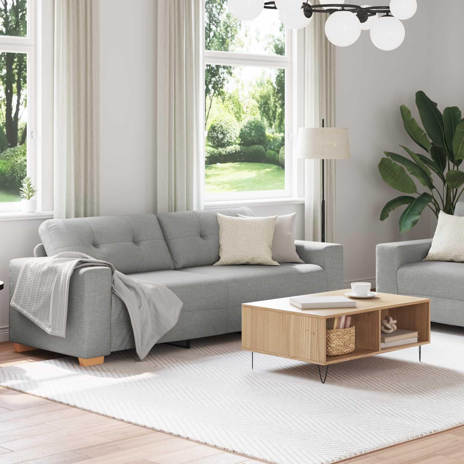 Zestaw sof, szary, mieszanka lnu, 2-osobowa i 3-osobowa kanapa do salonu, nowoczesny design, rama ze sklejki, trwała, łatwa w pielęgnacji