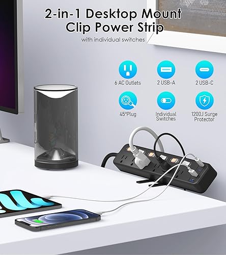 Miniatura 4 de JUNNUJ Clamp Power Strip - Escritorio de pie con USB C de 20 W, protector de sobretensiones de escritorio 2 en 1, salida de montaje en borde con 6