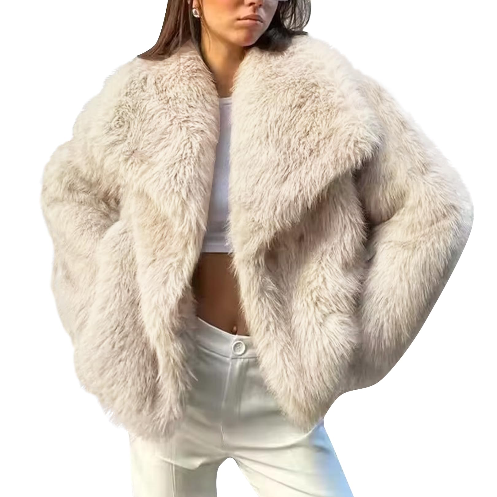 FlygoWomen's Faux Fur Coat Fluffy Faux Fur Jacket Long Sleeve Lapel Furry Winter Jackets Shaggy Parka Short Coat