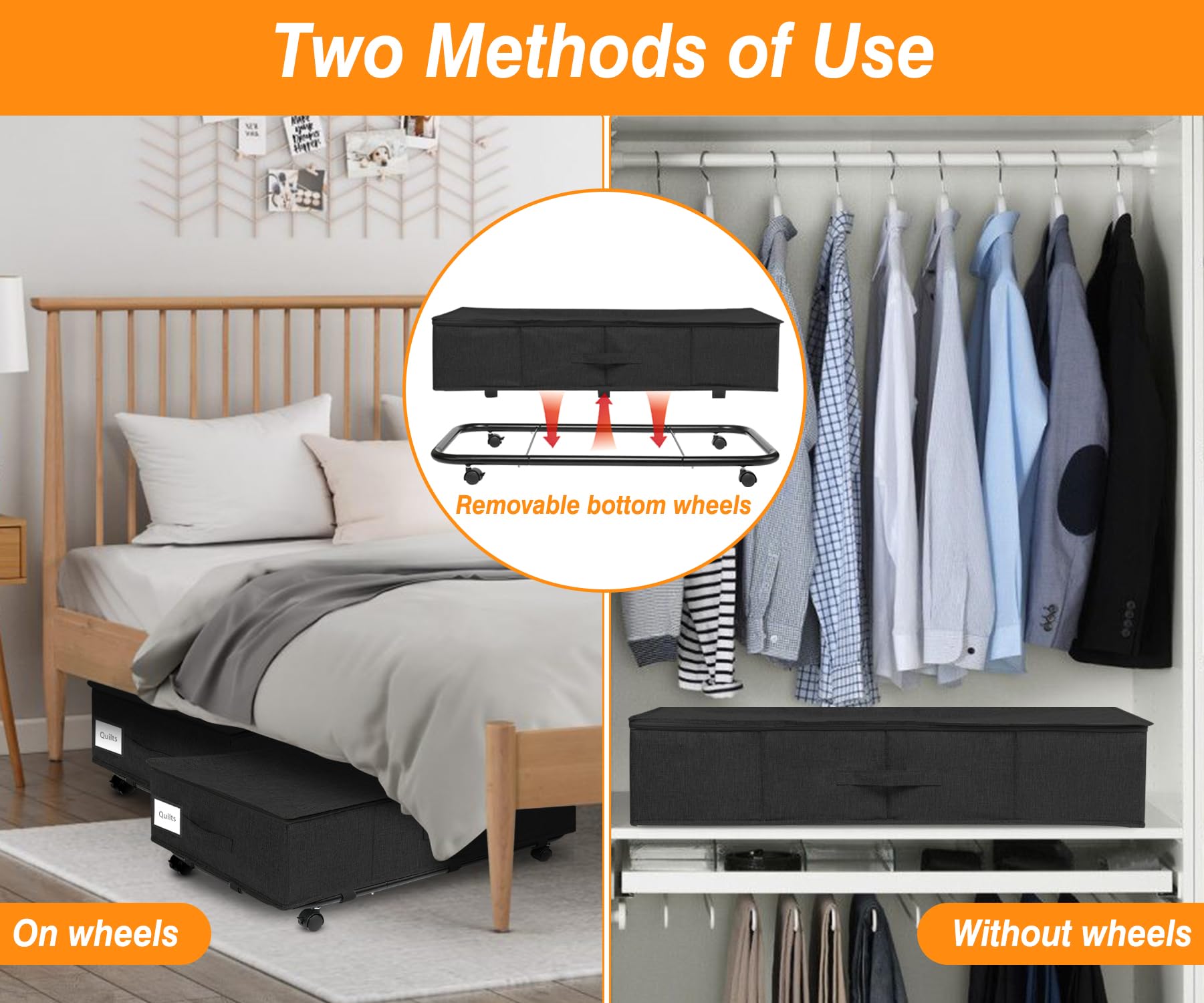 Contenitore Sottoletto con Ruote, 50L Grandi Contenitori Sottoletto, 2 Pezzi Scatole Sotto Letto Contenitore con Coperchio e Cerniere, Cassetto Sotto Letto per Vestiti Scarpe Libri (Nero)
