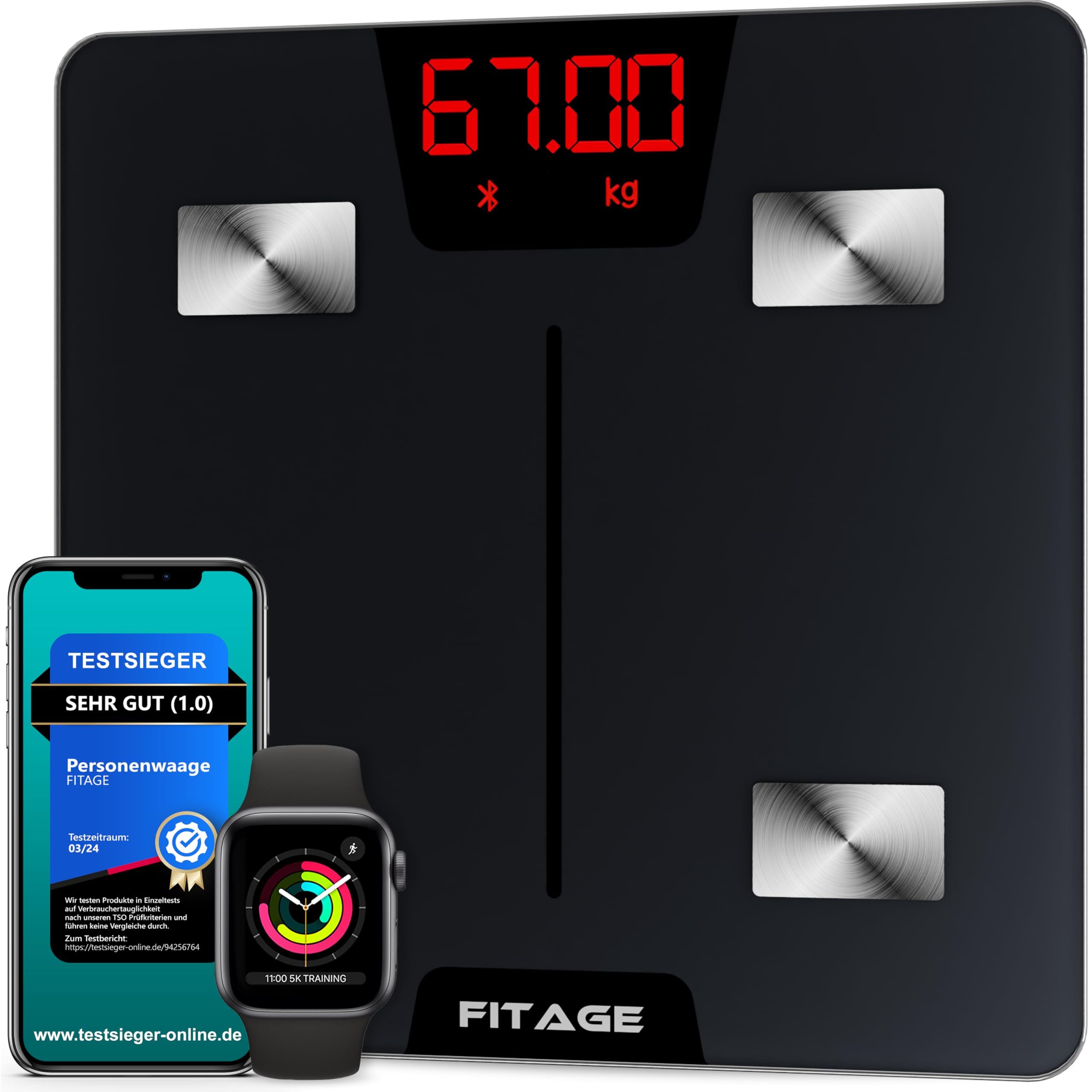 FITAGE Personenwaage digital Testsieger 2025, Körperwaage bis 180kg, Körperfettwaage mit 17 Körpermesswerte, Körperanalyse mit App, Waage mit Körperfett und Muskelmasse, 28 x 28cm Schwarz