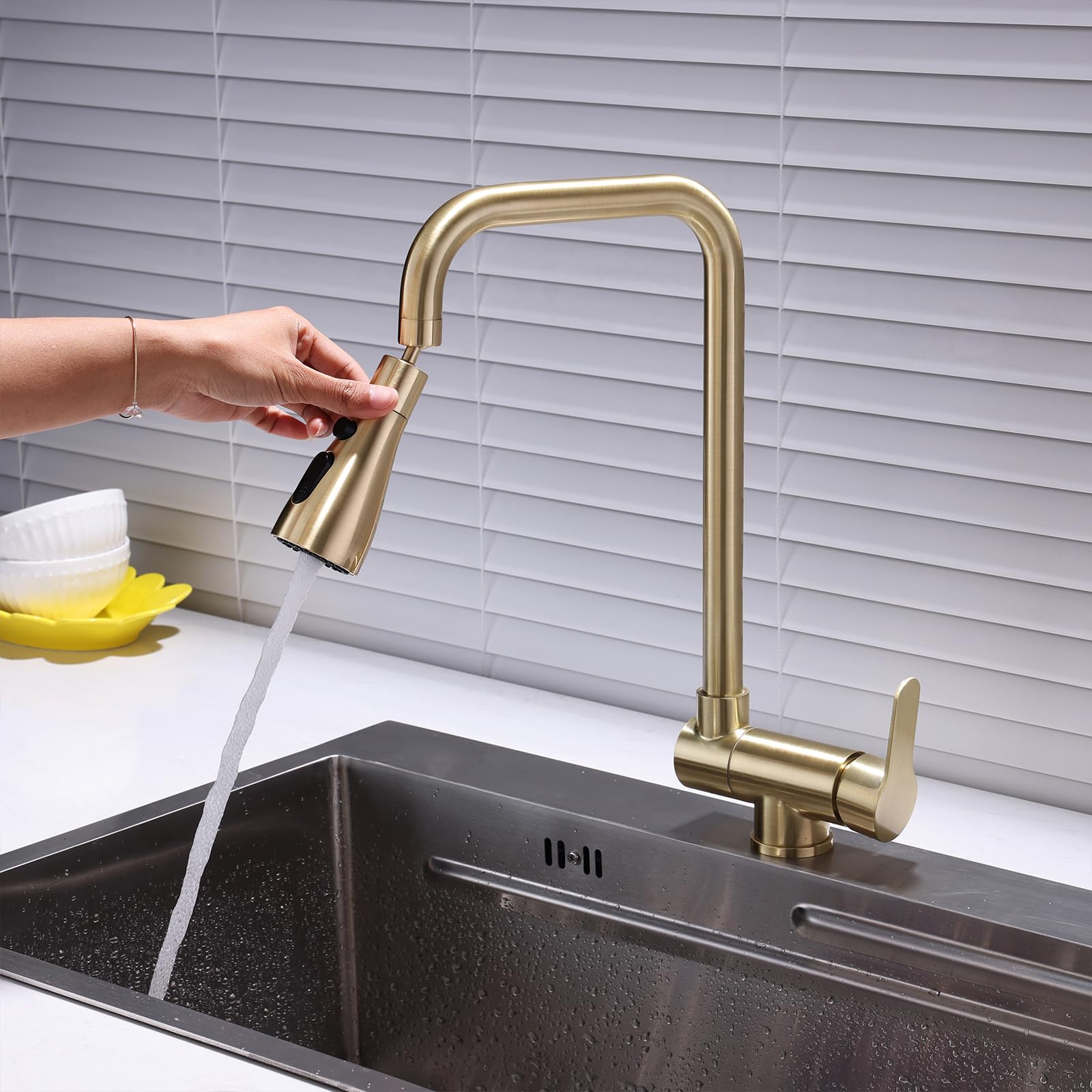 XJTNLB Robinet Cuisine Rabattable Or Brossé en L Robinet Cuisine Rabattable sous Fenetre Mitigeur Évier Une Seule Poignée-3 Modes