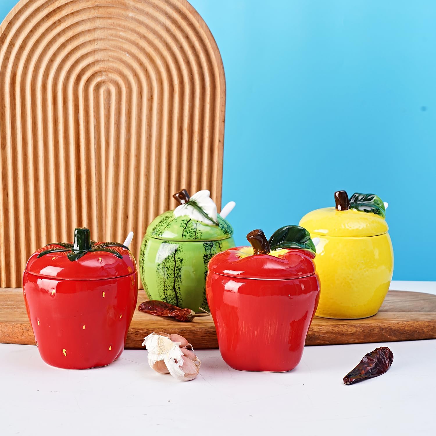 Hand-painted Ceramic Fruit Shape Sugar Bowl Spice Jar Seasoning Pot with Lid Spoon (Apple)