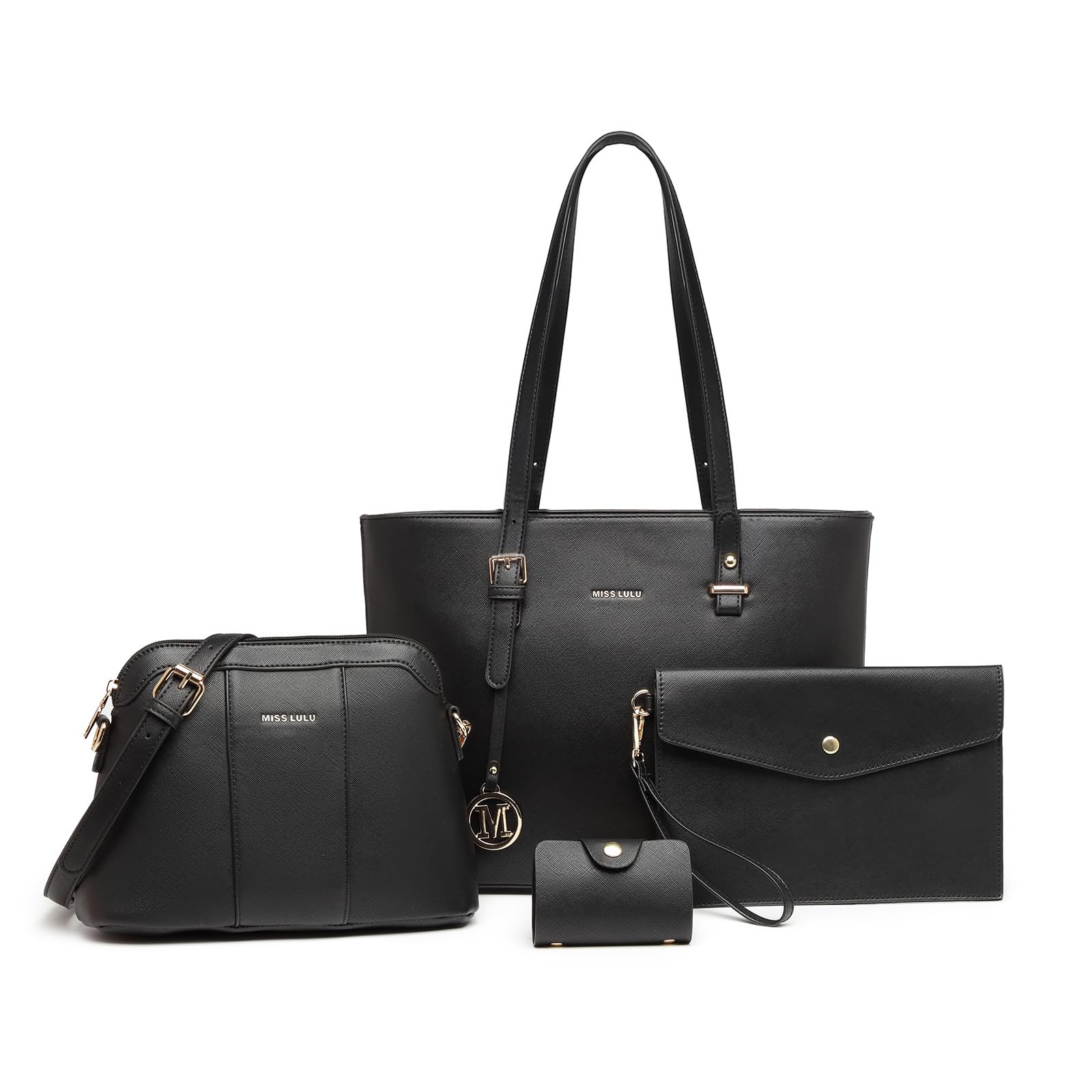 Miss Lulu Borsa Università Donna Nero Grande, Borsa a Mano Set Tote Bag Impermeabile PU Pelle,Borse a Spalla Tracolla Donne per Shopping Scuola Viaggio 2-2 Nero