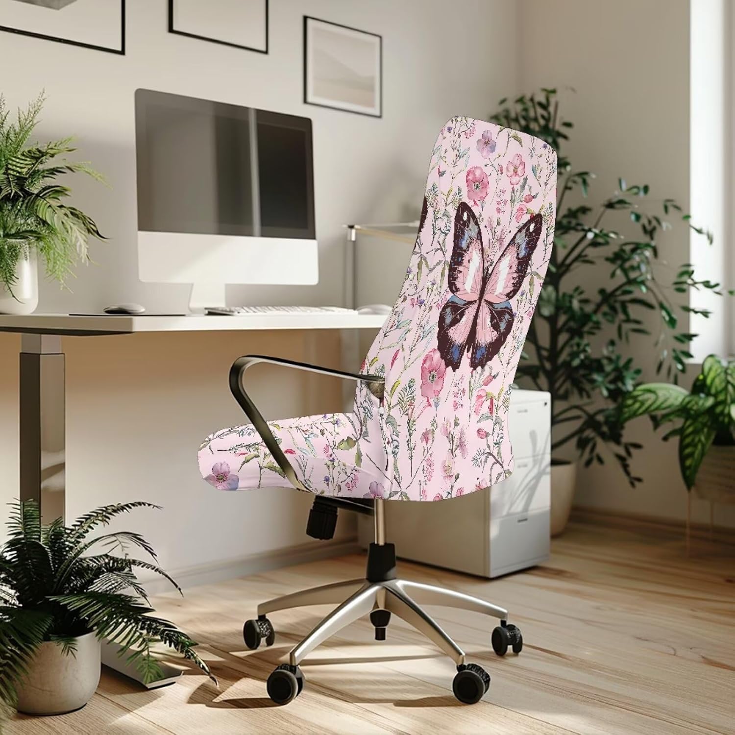Pink Butterfly Office Chair Cover Stretch Computer Desk Chair Covers Universal Swivel Chair Covers Gaming Chair Covers Removable High Back Seat Washable Protector Pet Friendly