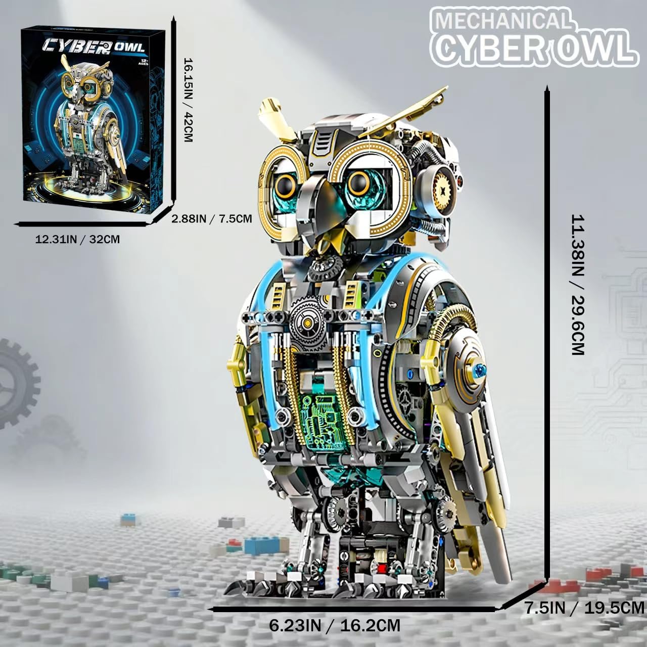 Mechanical Owl Building Set – Moving Cyberpunk Owl Engineering Model with Gears & LED Light, STEM Collector’s Display, Compatible with Lego for Teens & Adults (1296 Pieces)