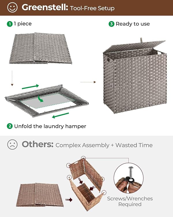 Greenstell Laundry Hamper with lid, No Install Needed, 130L Wicker Laundry Baskets Foldable 2 Removable Liner Bags, 2 Section Clothes Hamper Handwoven Rattan Laundry Basket with Handles, Gray by GREENSTELL - Image 5