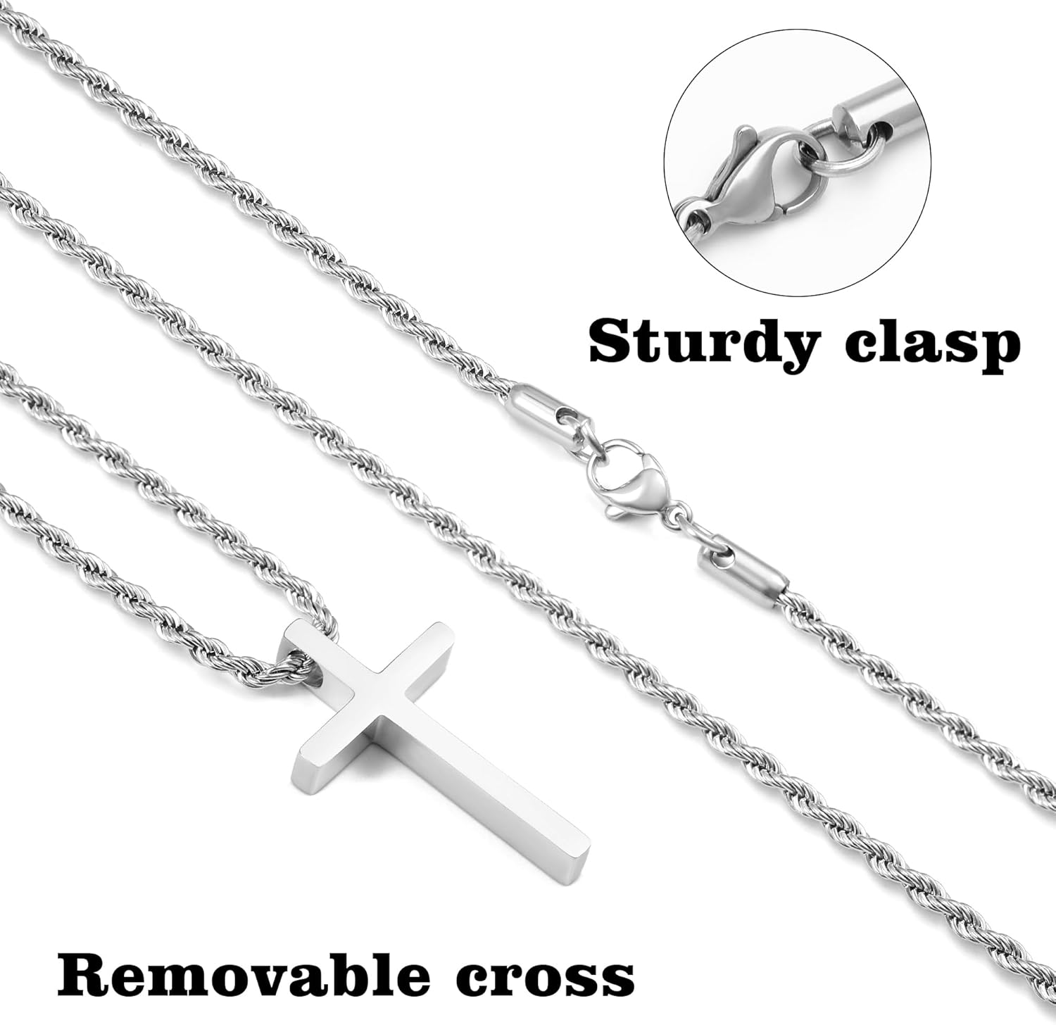 LUXEJEW Cross Necklace for Men Boys, Silver/Gold/Black Stainless Steel Rope Chain Cross Pendant Necklace Jewelry Mens Gifts 16-24 Inch - Image 7