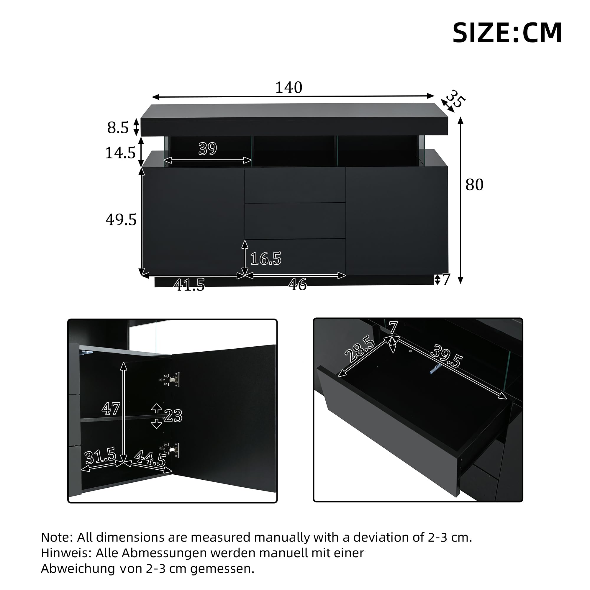 Sideboard Hochglanz 140cm Breit, Sideboard Wohnzimmer mit 16-farbigem Lichtstreifen, Highboard Geeignet für Wohnzimmer und Flur, 140x35x80cm, Schwarz