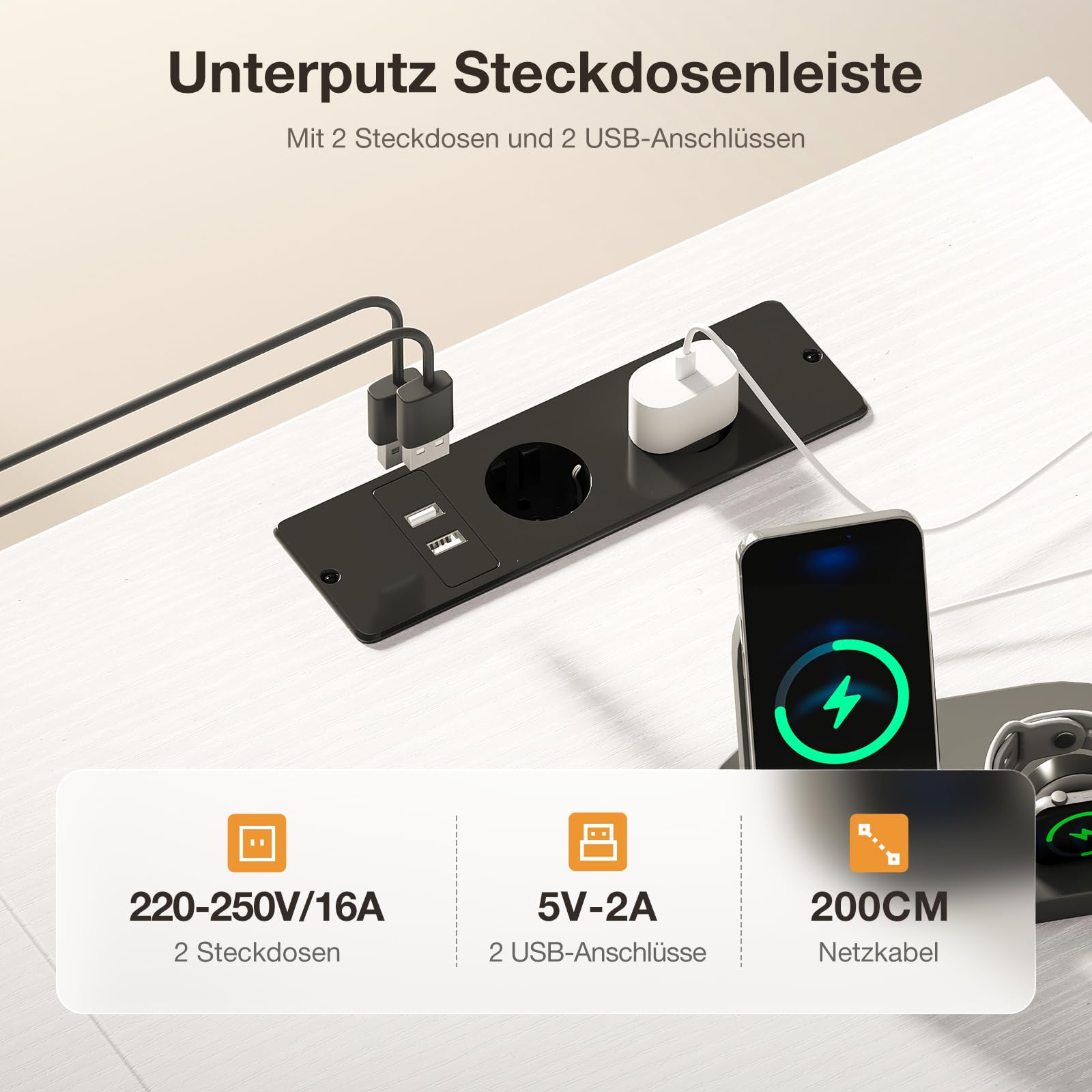 ODK Kleiner Schreibtisch mit 3 Schubladen aus Stoff, 100x48x75,5 cm Computertisch mit 2 Steckdosen und USB-Anschlüssen, Umkehrbarer PC-Schreibtisch Bürotisch für kleines Home Office, Weiß