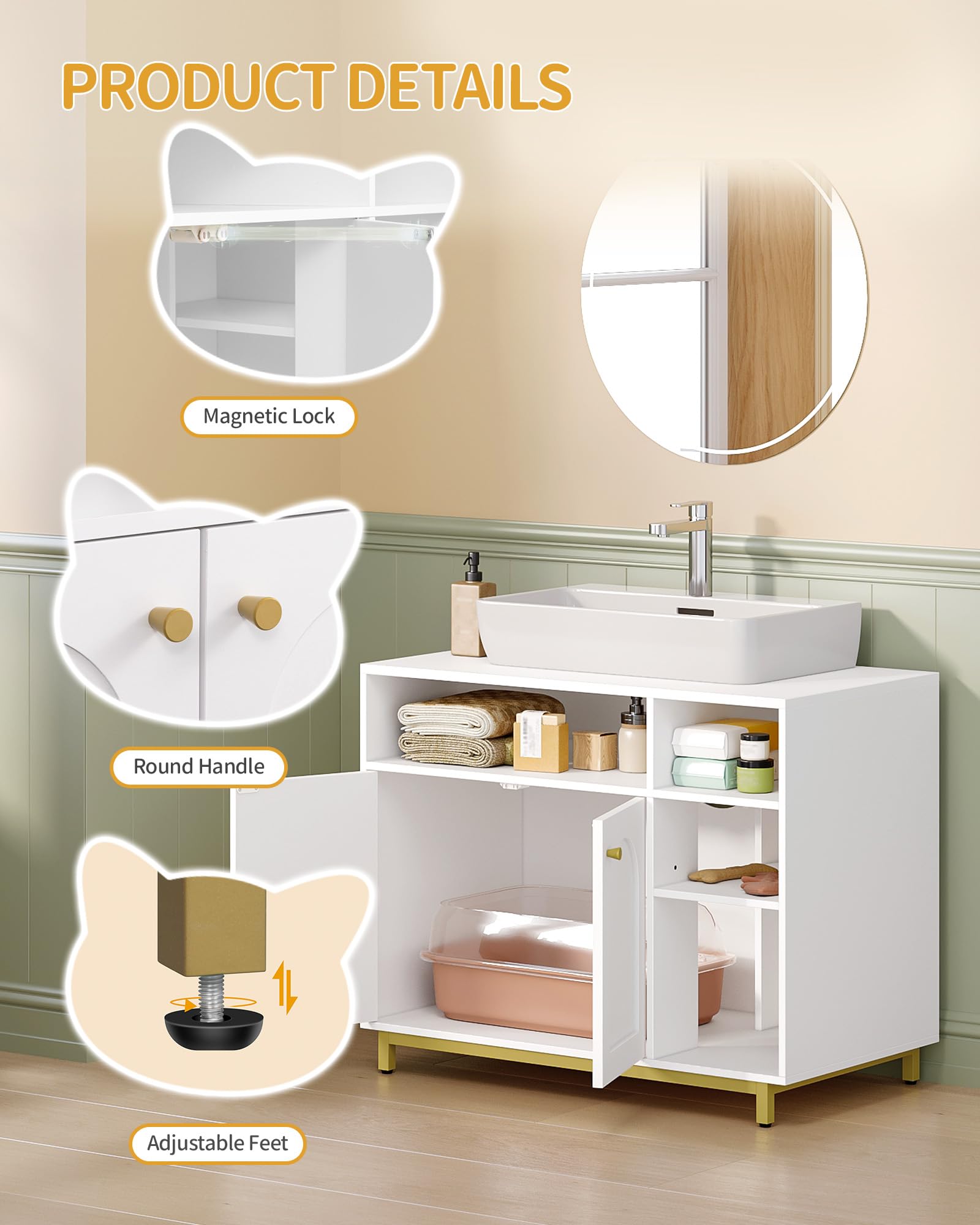 Hzuaneri Katzenschrank, Katzenklo Schrank mit Speicherfunktion, 80 x 45 x 65 cm, Waschbeckenunterschrank, Versteckt Katzentoilette, Verstellbare Ablage, Verstellbare Füße, Weiß und Gold CB89903G
