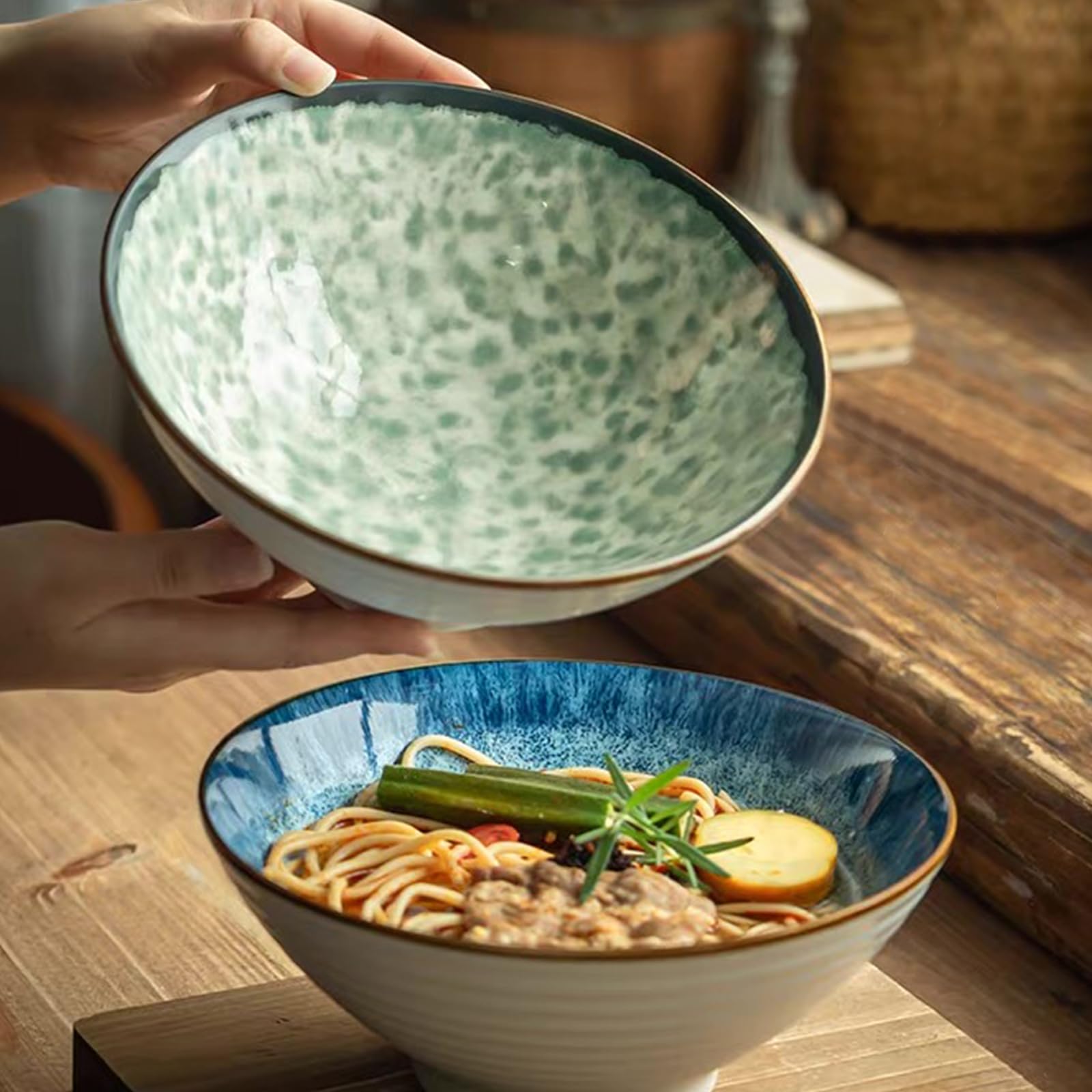 Bols à ramen en céramique Set de 2,Ramen Bol,1200 ml Bols à ramen Japonais,bol en céramique pour Ramen, salade, céréales,avec baguettes et cuillères