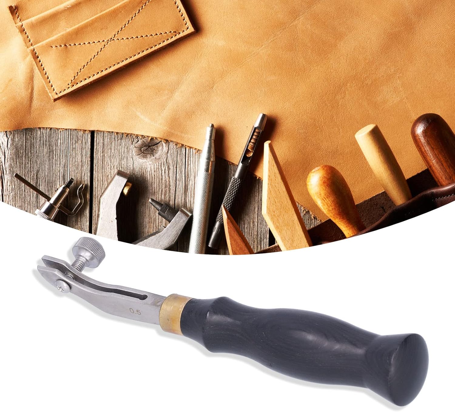 Pssopp Leather Edge Creaser Tool, 0.5mm Adjustable Skiving Tool, Stainless Steel with Wooden Handle