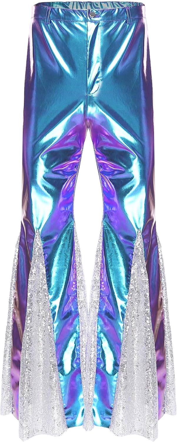 Women's 70s 80s Rave Outfits Pants Disco Dance Metallic Flared Pants Shiny Sequins Bell Bottoms