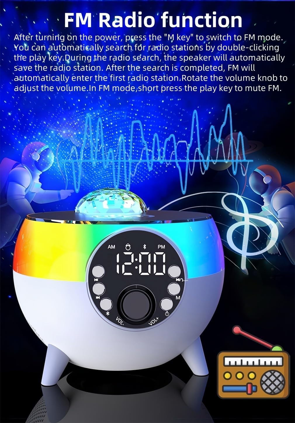Creative Alarm Clock Bluetooth Speaker Starry Sky Projection Atmosphere Light Wireless Fast Charging Night Light FM Radio TF Card/U Disk/AUX Music Player Family/Friend/Children's Gift (White)