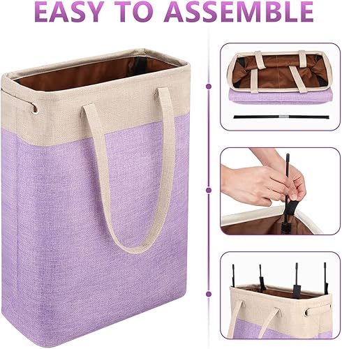 Miniatura 4 de i BKGOO Cesta de lavandería con asas, color beige y morado, delgada, plegable, para ropa sucia, bolsa de lavandería estrecha, plegable, cesta sucia