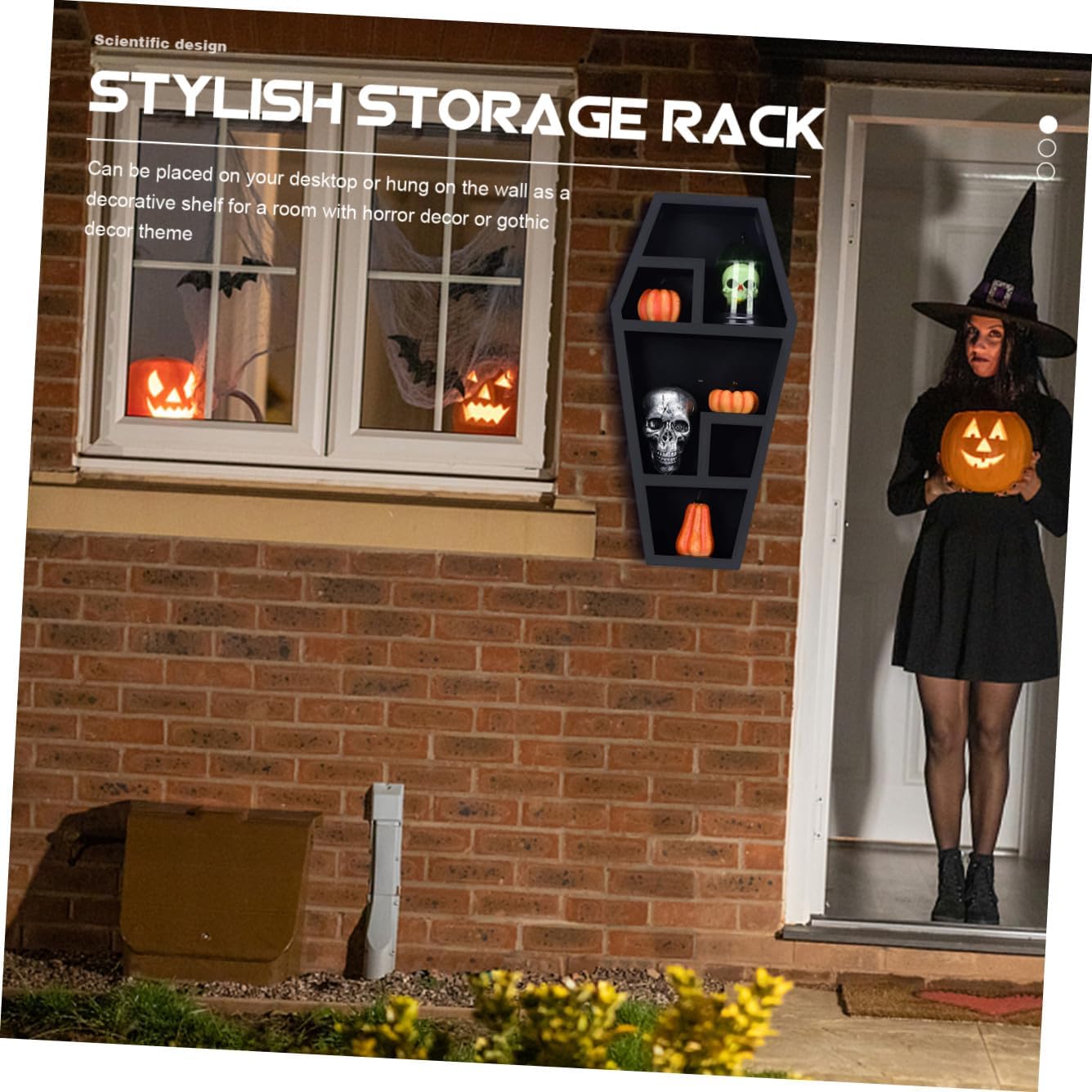 Halloween Gothic Coffin Organizer for Home Decor Spooky Decorative Shelf for Creepy Collectibles and Knick-knacks for Halloween Parties and Goth Themed Rooms