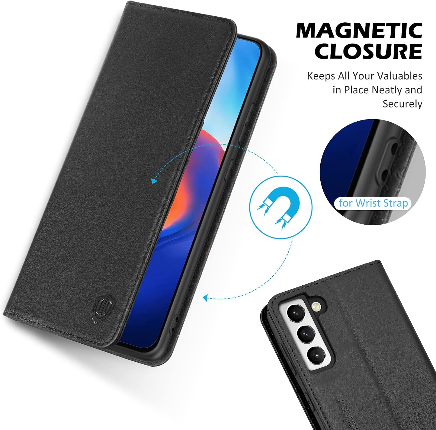 SHIELDON Case for Galaxy S21 FE 5G, Genuine Leather S21FE Wallet Case Magnetic RFID Blocking Credit Card Holder Kickstand Shockproof Protective Case Compatible with Galaxy S21 FE (6.4" 2022) - Black