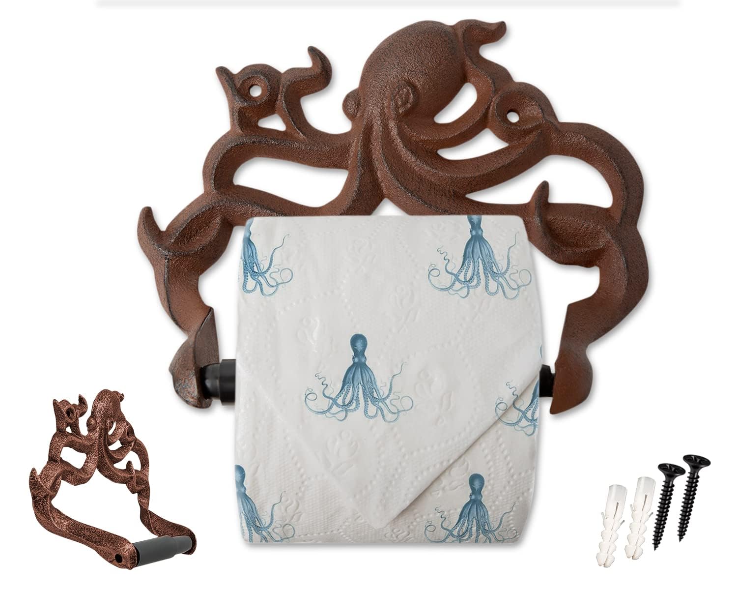 Decorative Cast Iron Octopus Toilet Paper Roll Holder – Wall Mounted Octopus Décor for Bathroom – Kraken, Nautical Bathroom Accessories – Easy to Install with included Screws and Anchors - Rust Brown