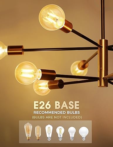 Miniatura 3 de DORESshop Candelabro Sputnik moderno de 8 luces de techo de altura ajustable de mediados de siglo, acabado negro y dorado para comedor, sala de