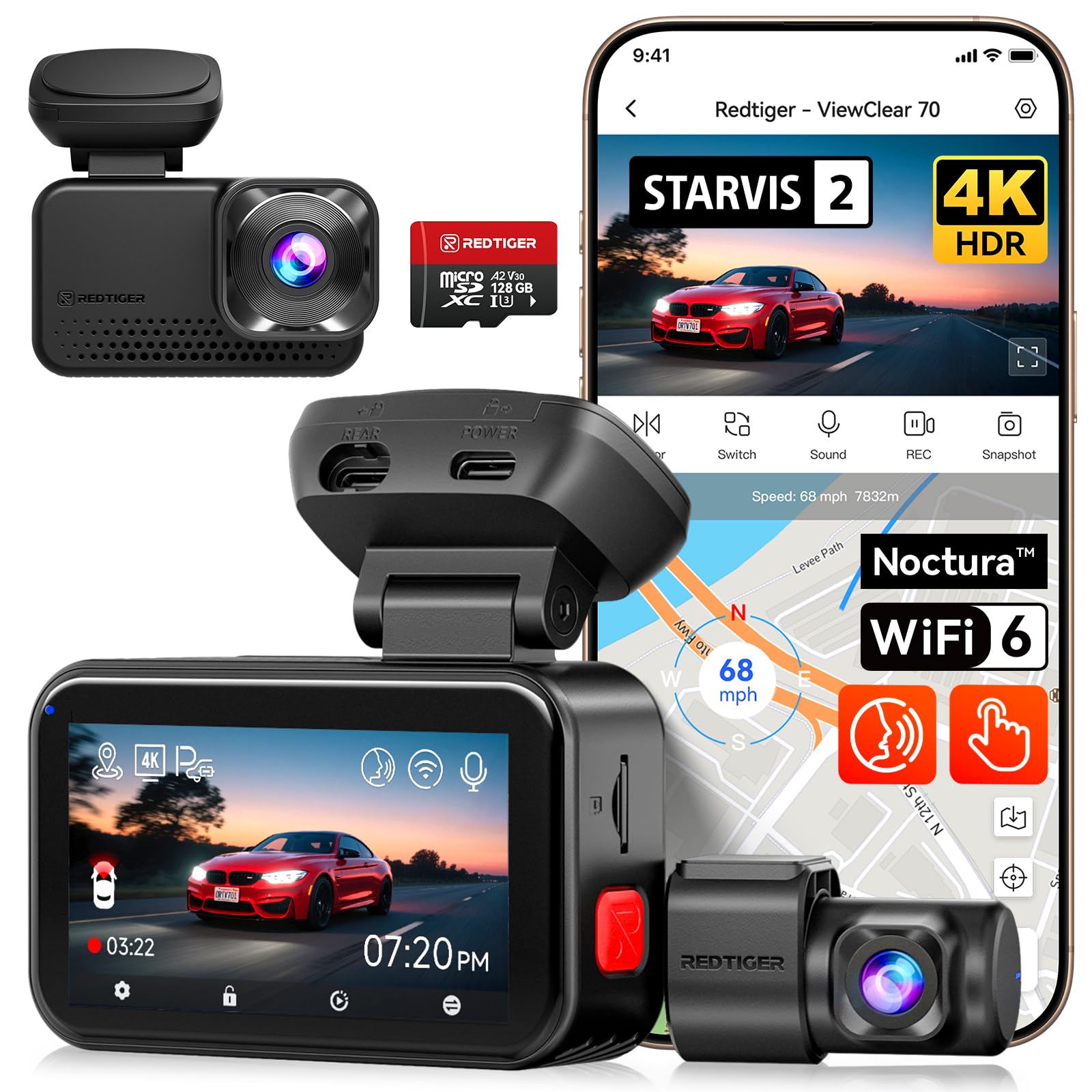 REDTIGER VC70 4K+2.5K Dash Cam Front and Rear, 8MP STARVIS 2 IMX678 Sensor, Dual HDR Hyper Night Clarity, 5.8GHz WiFi 6, 30MB/S Fast Download, Dash Camera with 24H Parking Monitor, 128G Card Included