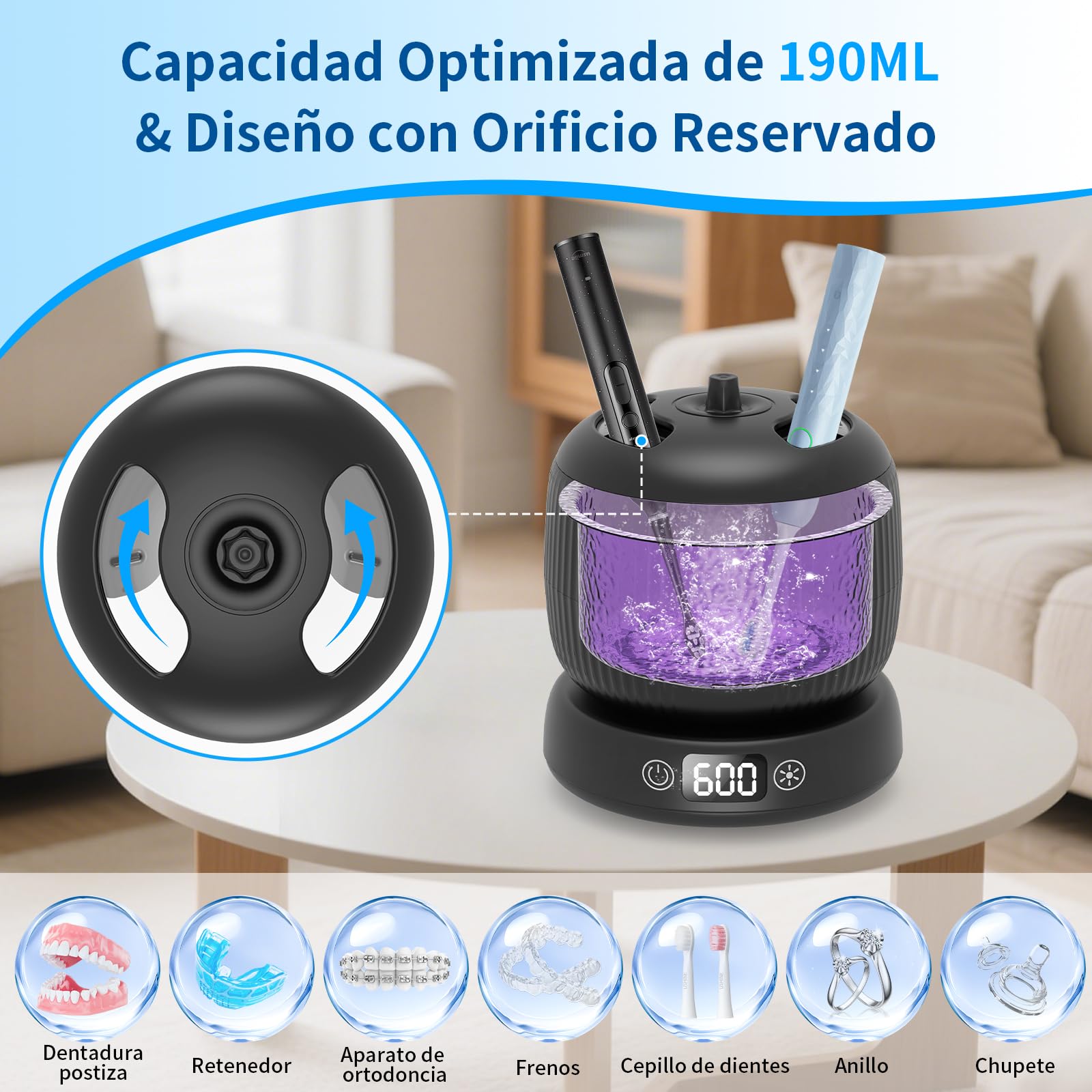 Limpiador Ultrasónico UV de 45 kHz, 25W Ultrasonidos Limpieza de 3 Modos, Profunda 360°, Máquina limpiadora Ultrasónica Portátil de 190ml para, Dentaduras, Alineador, Joyas (negro)