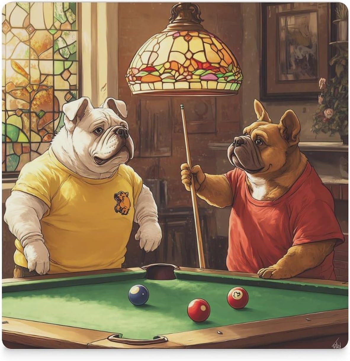 Dogs Playing Pool Billiard Ceramic Coasters Set Square Drink Coasters Table Coaster for Kitchen Desktop Decor