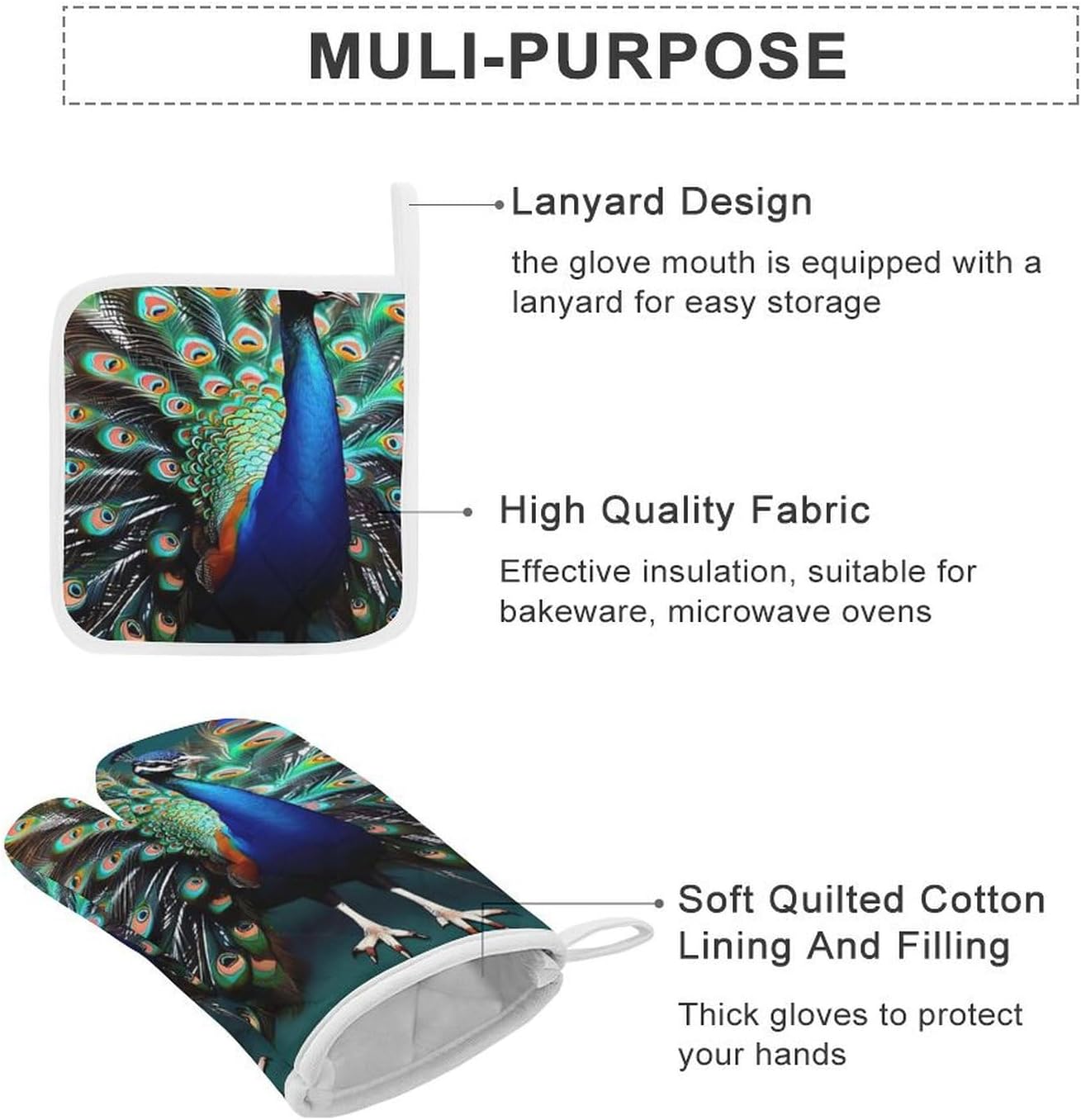 Oven Mitts Pot Holders Kitchen Beautiful Peacock Heat Resistant Oven Glove for Baking and Cooking