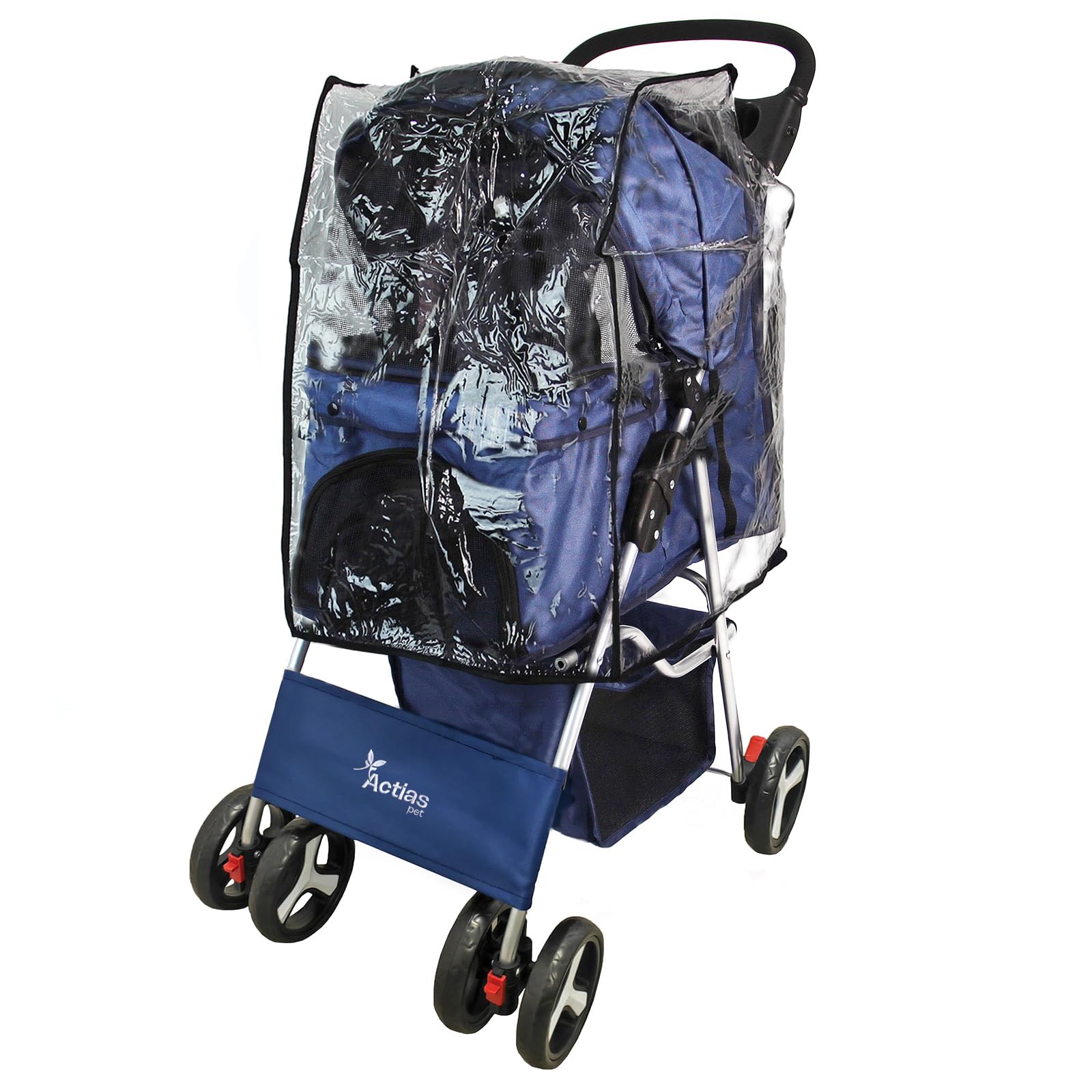 Actiaspet - Foldable Pet Stroller with Swivel Wheels | 15kg Carrying Capacity Collapsable Pet Push Chair Buggy (Navy Blue, Stroller + Cover)