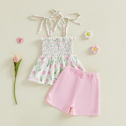 Miniatura 5 de Conjunto de ropa de verano para niña pequeña, con lazo fruncido, camiseta y pantalones cortos, tulipán, floral, lindos trajes para niñas pequeñas