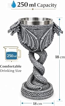 JRose Collections Gothic Dragon Goblet Chalice with Twin Dragon Design – Medieval Stone Effect Resin with Stainless Steel Inner Cup – Fantasy Home Bar Décor, Collectible Ornament, Drinking Cup