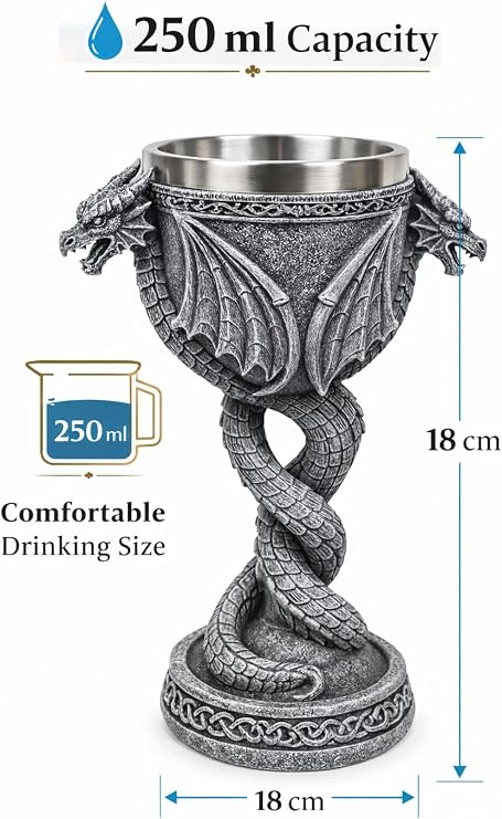JRose Collections Gothic Dragon Goblet Chalice with Twin Dragon Design – Medieval Stone Effect Resin with Stainless Steel Inner Cup – Fantasy Home Bar Décor, Collectible Ornament, Drinking Cup