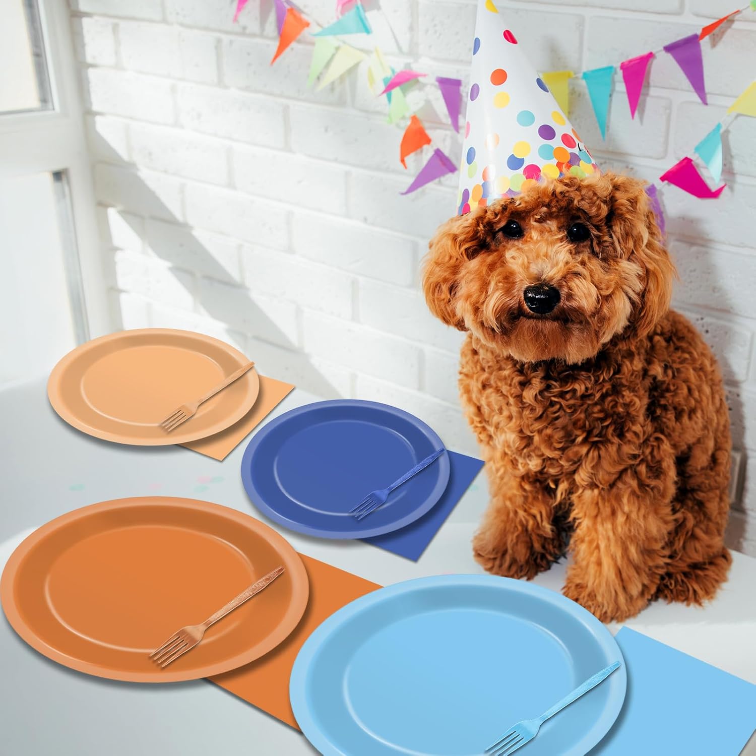 200Pcs Blue Dog Birthday Party Supplies Orange Blue Plates Napkins Party Decorations Blue Dog Tableware Dinnerware for Kids Boys Girls Birthday Baby Shower Dog Family Party Favors Serves 50 Guests