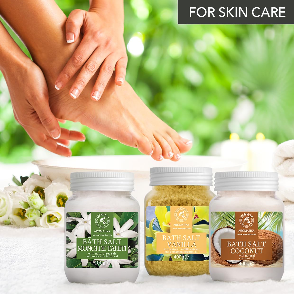 Set Sali da Bagno con 3x400g di Monoi de Tahiti - Vanilla - Cocco - Naturale al 100% - Ideale per Dormire Bene - Antistress - Bagno - Cura del Corpo - Benessere - Bellezza - Rilassamento - Spa