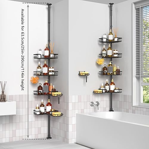 Miniatura 7 de Organizador de ducha con poste de tensión de 5x estabilidad, organizador de ducha ajustable de piso a techo, estantes de barra de tensión de ducha