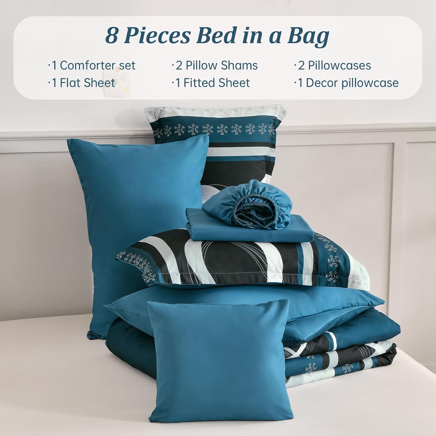 Anibedding Teal Comforter Set King Size, 8 Piece Patchwork Striped Comforter Set, Soft Microfiber Boho Bedding Set for All Season(104"×90") - Image 5