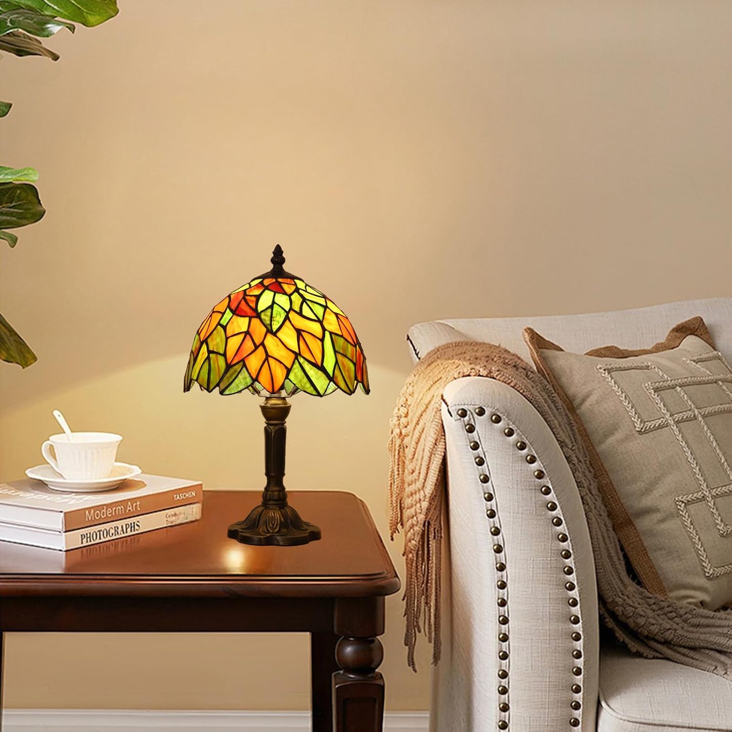 Tiffany Lamp Maple Leafs Stained Glass Bedside Nightstand Table Lamp,3-Way Color Temperature,Handcrafted Small Lamps for Living Room,Bedroom+LED Bulb,Home Decor Gifts,9X9X15Inch