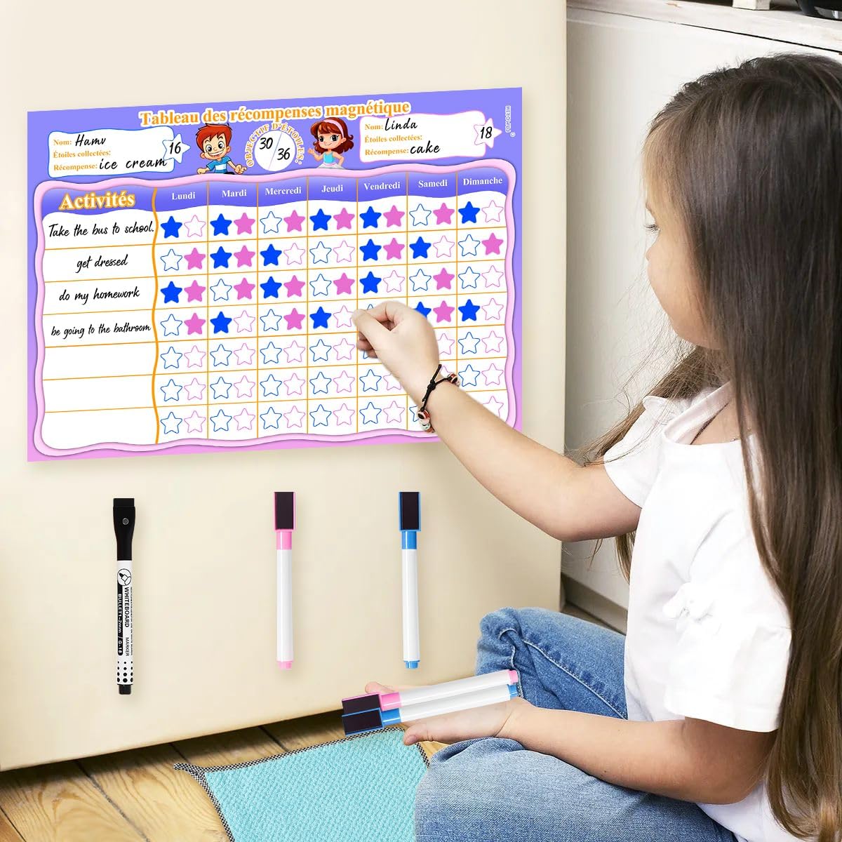 Tableau de Récompense Magnétique Enfant, Comportement et Routine Semainier Avec 5 Stylos - Pour Garçons et Filles, 34 X 24 cm, Français