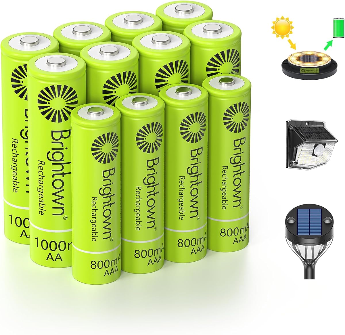 Brightown 4 Pack AAA 800mAh and 8 Pack AA 1000mAh Rechargeable Batteries Combo - 1.2V NiMH High Capacity Battery - Ideal for Solar Lights & Home Devices, Recharge up to 1000x Times, Pre-Charged
