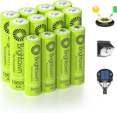 Brightown 8 Pack AA 1000mAh and 4 Pack AAA 800mAh Rechargeable Batteries Combo - 1.2V NiMH High Capacity Battery - Ideal for Solar Lights & Home Devices, Recharge up to 1000x Times, Pre-Charged