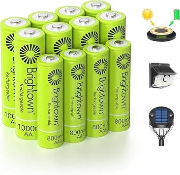 Brightown 4 Pack AAA 800mAh and 8 Pack AA 1000mAh Rechargeable Batteries Combo - 1.2V NiMH High Capacity Battery - Ideal for Solar Lights & Home Devices, Recharge up to 1000x Times, Pre-Charged