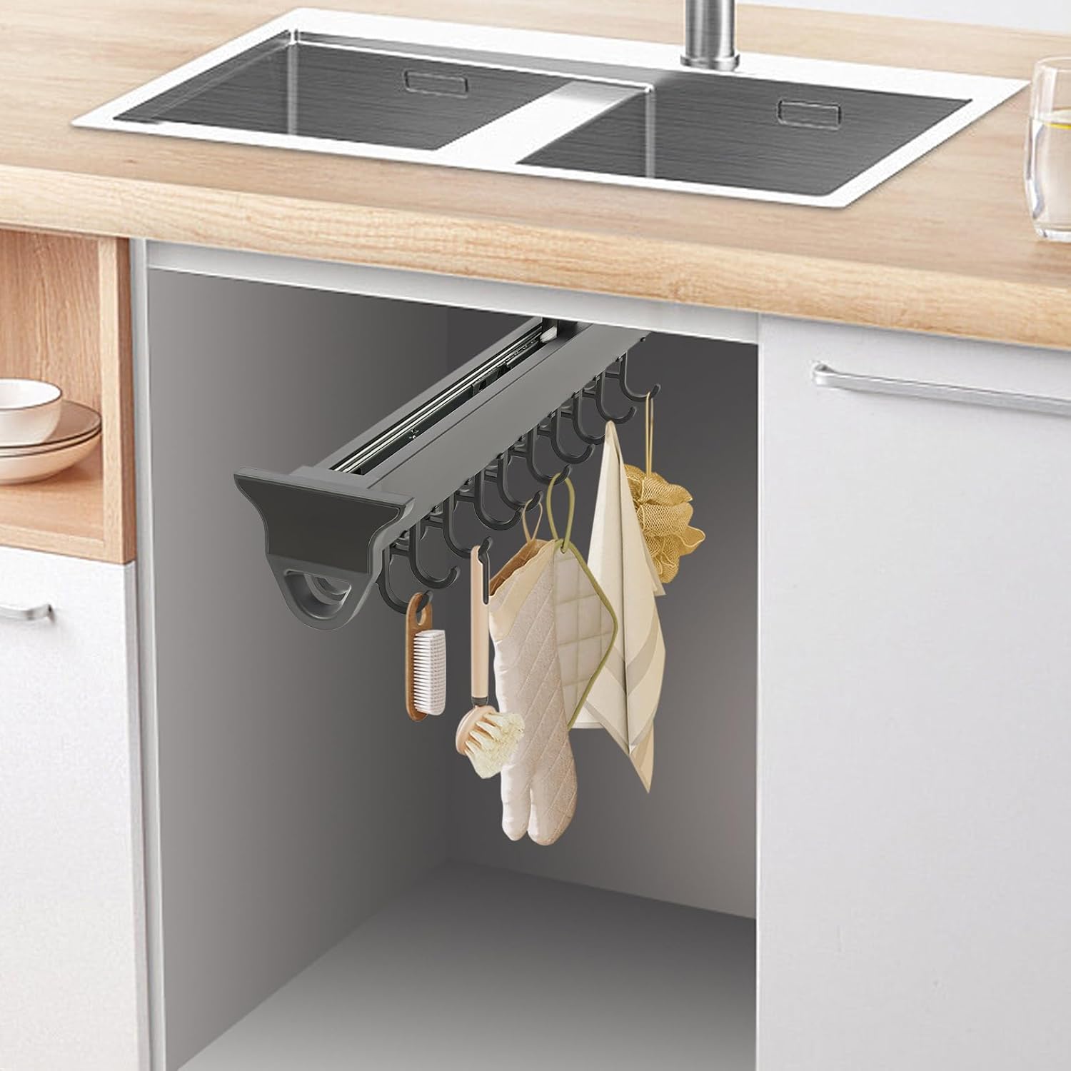 Pull Out Broom Holder Wall Mount, 20-Hook Slide Rail Organizer with Damping System, 66lb Heavy Duty Brooms and Mops Pull Out Storage Rack for Brooms/Mops/Clothes, Laundry Room & Kitchen, Black