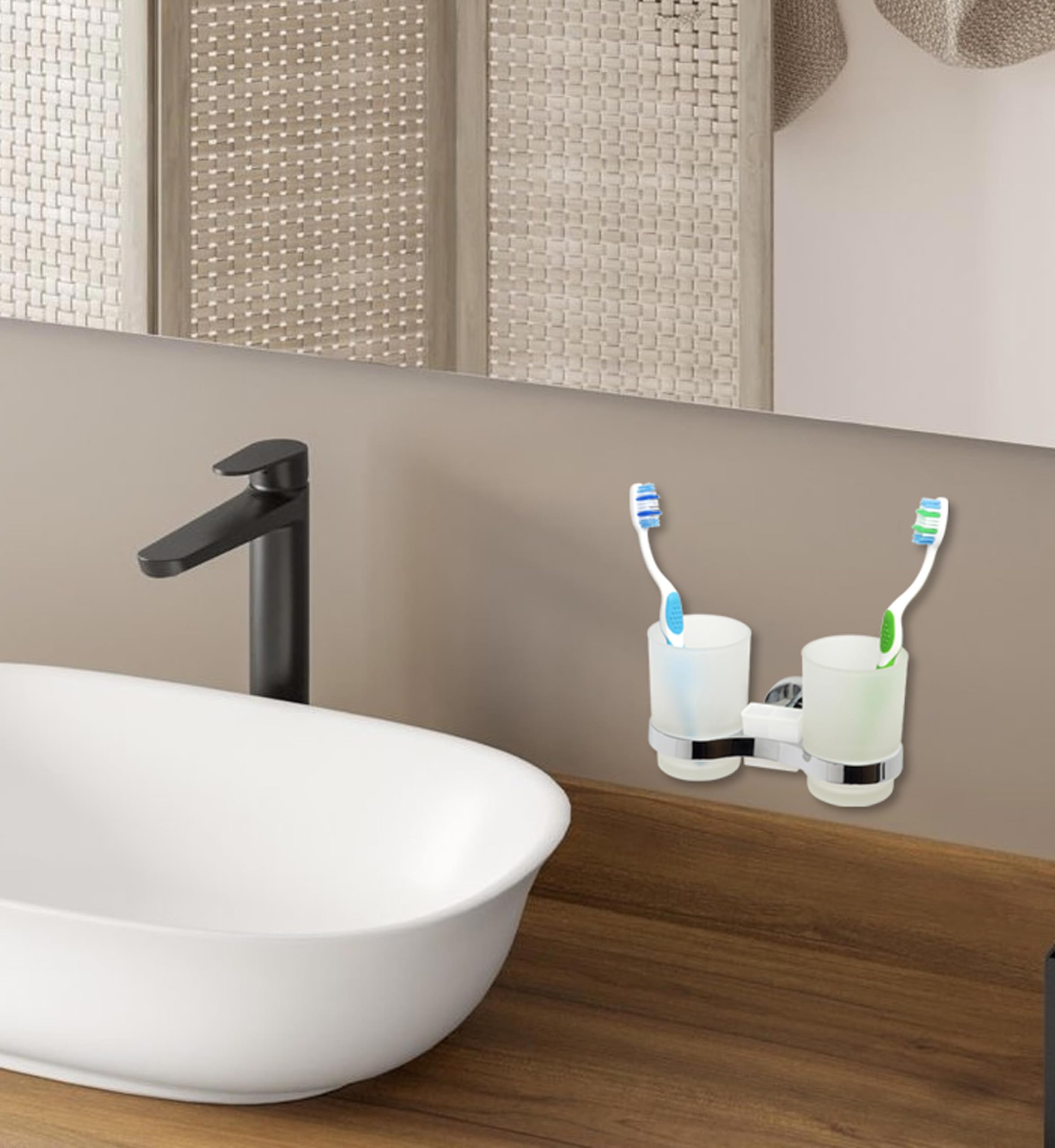 IPEA Samoprzylepny uchwyt na szczoteczkę do zębów z podwójną szklanką - bez wiercenia - nowoczesny design - stylowy uchwyt na szczoteczki do zębów i pastę do zębów na ścianę przyklejanie w łazience