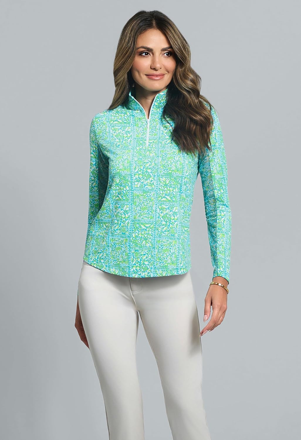 IBKUL Athleisure Wear Sun Protective UPF 50+ Icefil Cooling Josie Print Long Sleeve Mock Neck Top - 10113