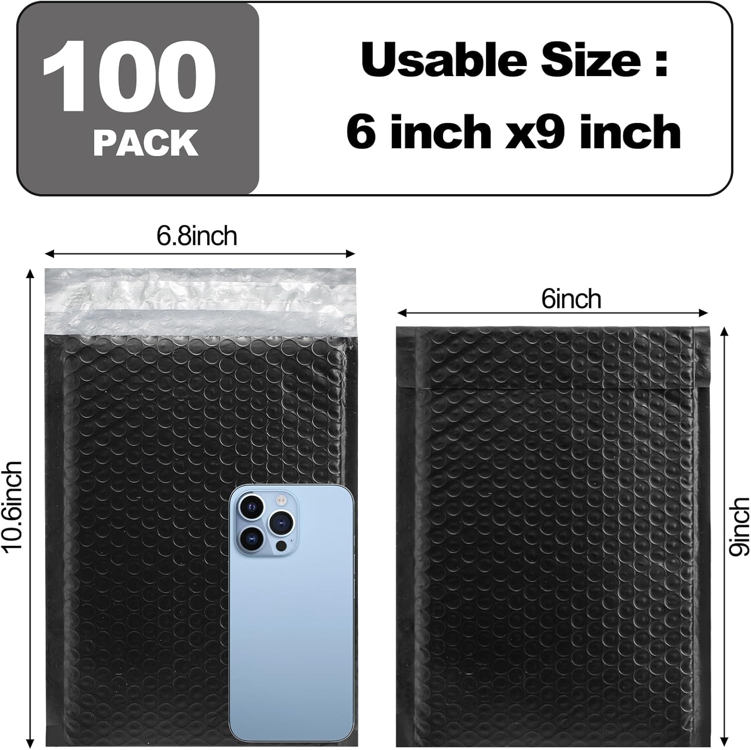 Nicunom 100 Pack Bubble Mailers 6x10", Usable Size 6x9" Self Seal Padded Envelopes Opaque Poly Wrap Bubble Bags Waterproof Shipping Bags for Small Business Mailing Makeup Jewelry Gifts, Black