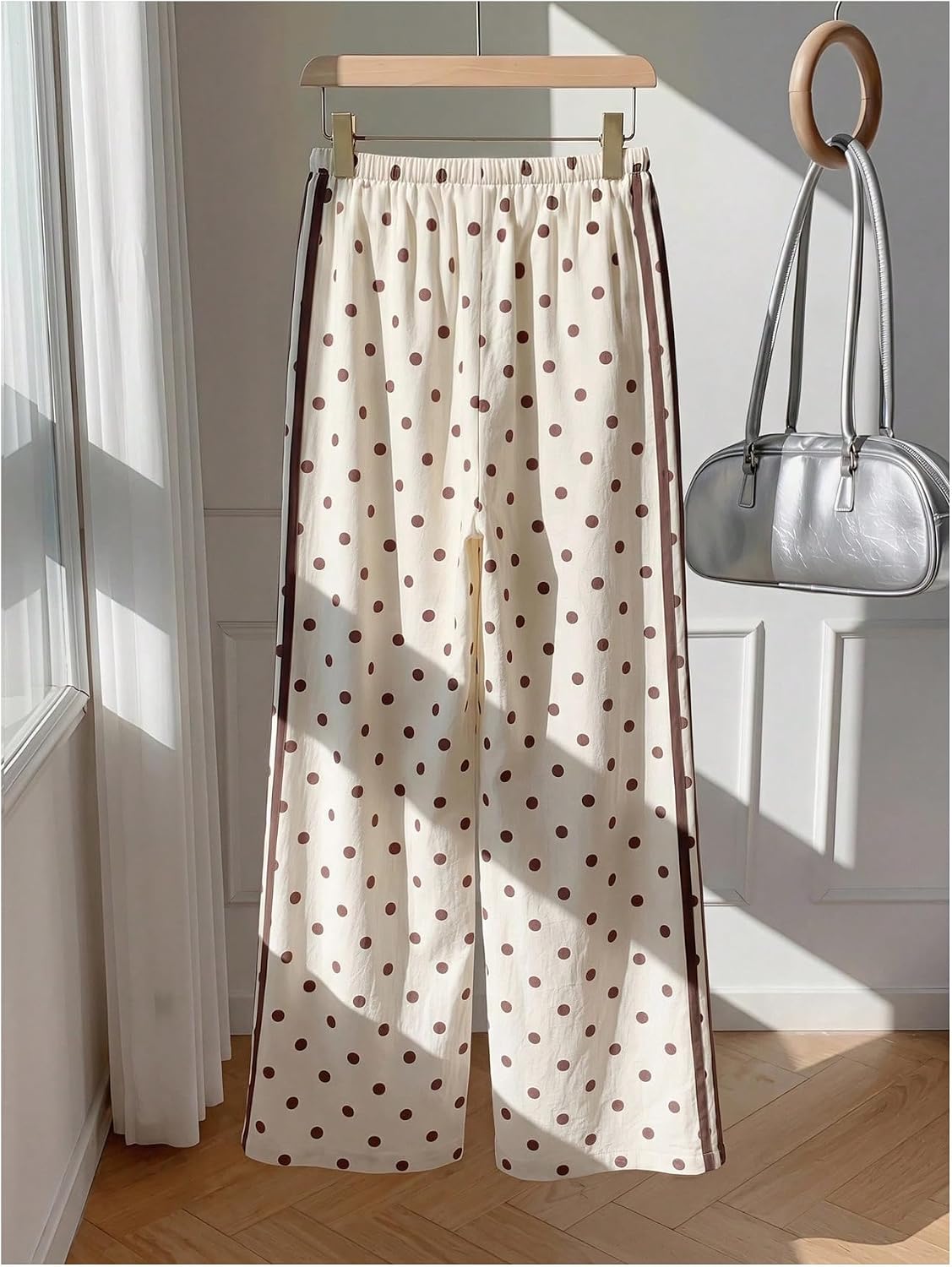 MakeMeChic Women's Polka Dots Wide Leg Pants Striped Drawstring Elastic Waist Lounge Pants