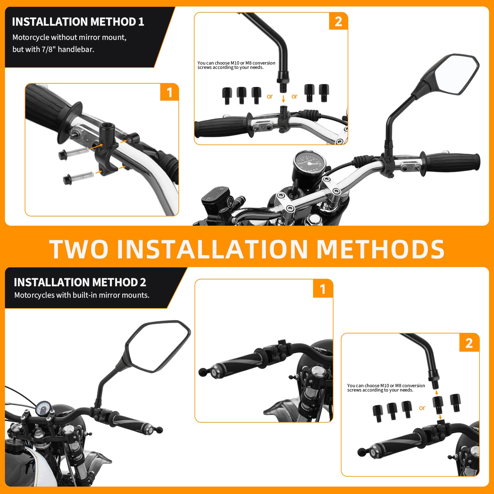 DREAMIZER Specchietti Retrovisori per Moto Universali, Specchietti Moto Manubrio con Viti M8 M10 e con Staffa 22mm,Compatibili con Suzuki Aprilia Kawasaki ATV Scooter Dirt-Bike Moped E-bike Roller