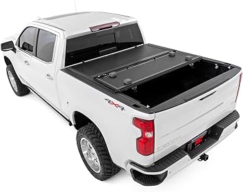 Rough Country Hard Tri-Fold Tonneau Cover for Chevy Silverado & GMC Sierra 1500/2500HD/3500HD (2014-2019) - Low-Profile Truck Bed Cover, Fits 6'7 Bed w/Rail Caps