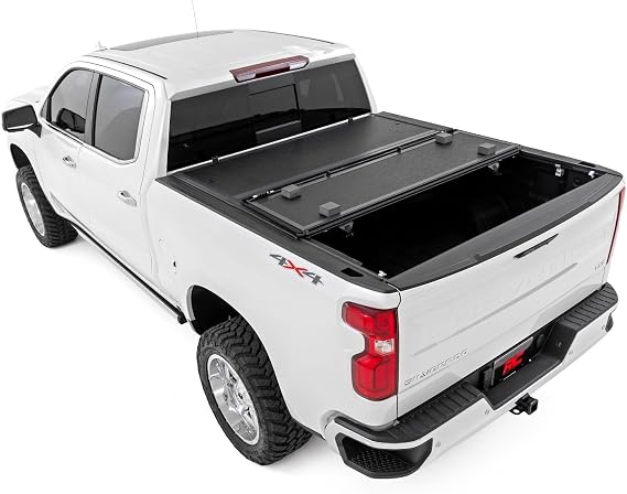 Rough Country Hard Tri-Fold Tonneau Cover for Chevy Silverado & GMC Sierra 1500/2500HD/3500HD (2014-2019) - Low-Profile Truck Bed Cover, Fits 6'7 Bed w/Rail Caps